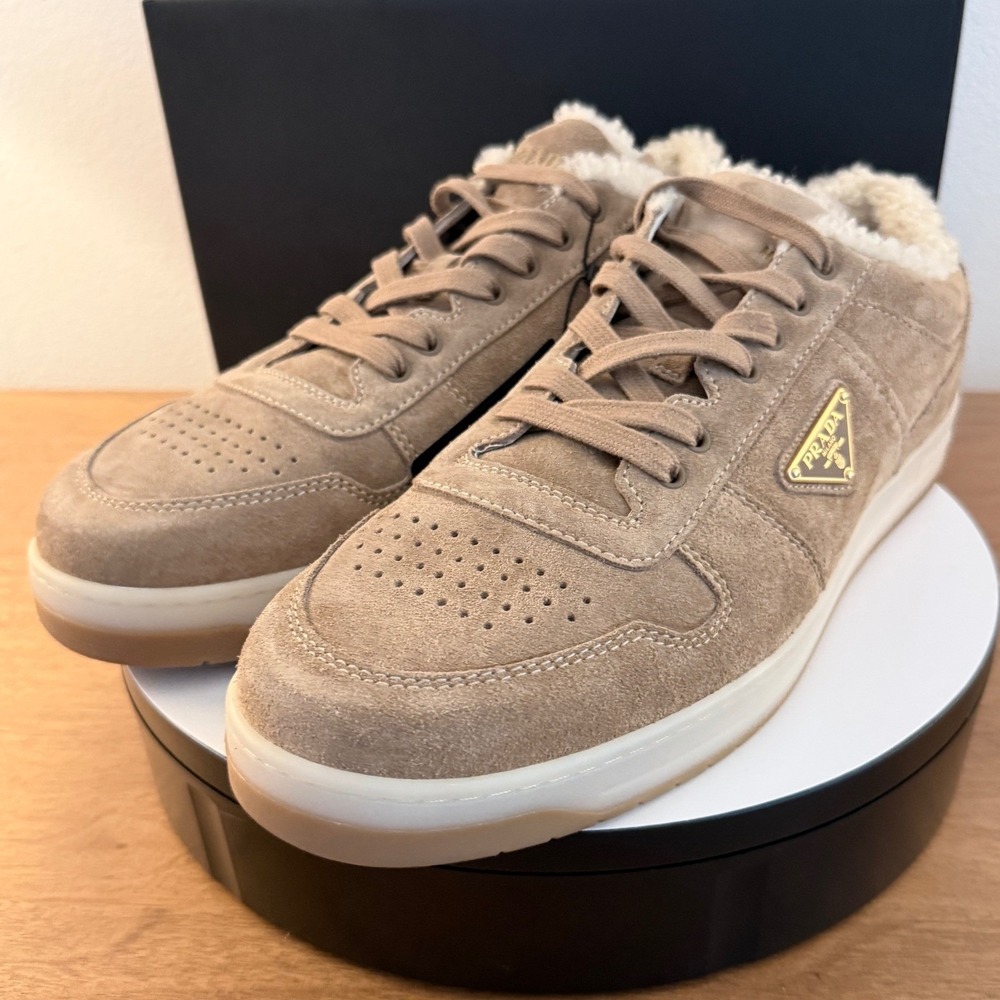 Prada Men Scamosciato Winter Suede Shearling Sneakers Visone Beige 2EE364 US 12